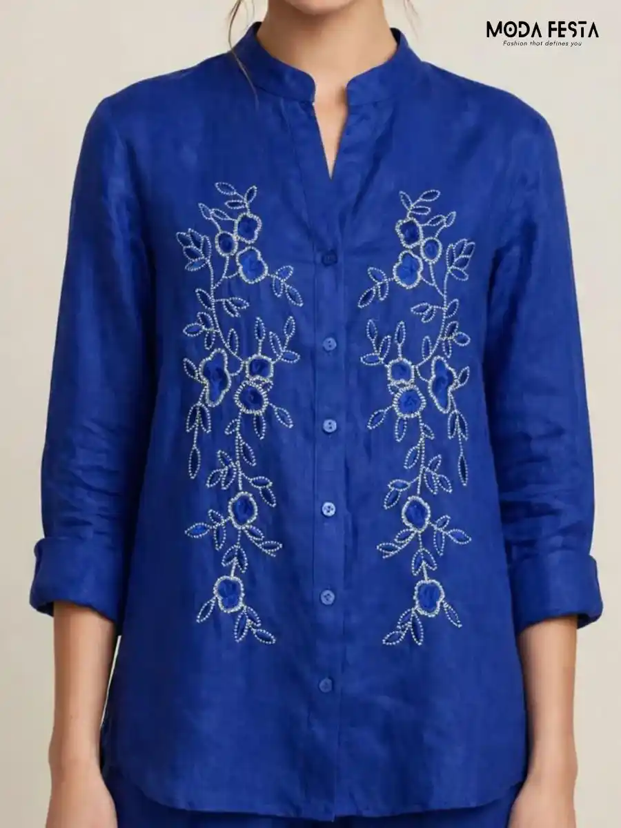 Royal Blue Floral Embroidered Button-Down Top