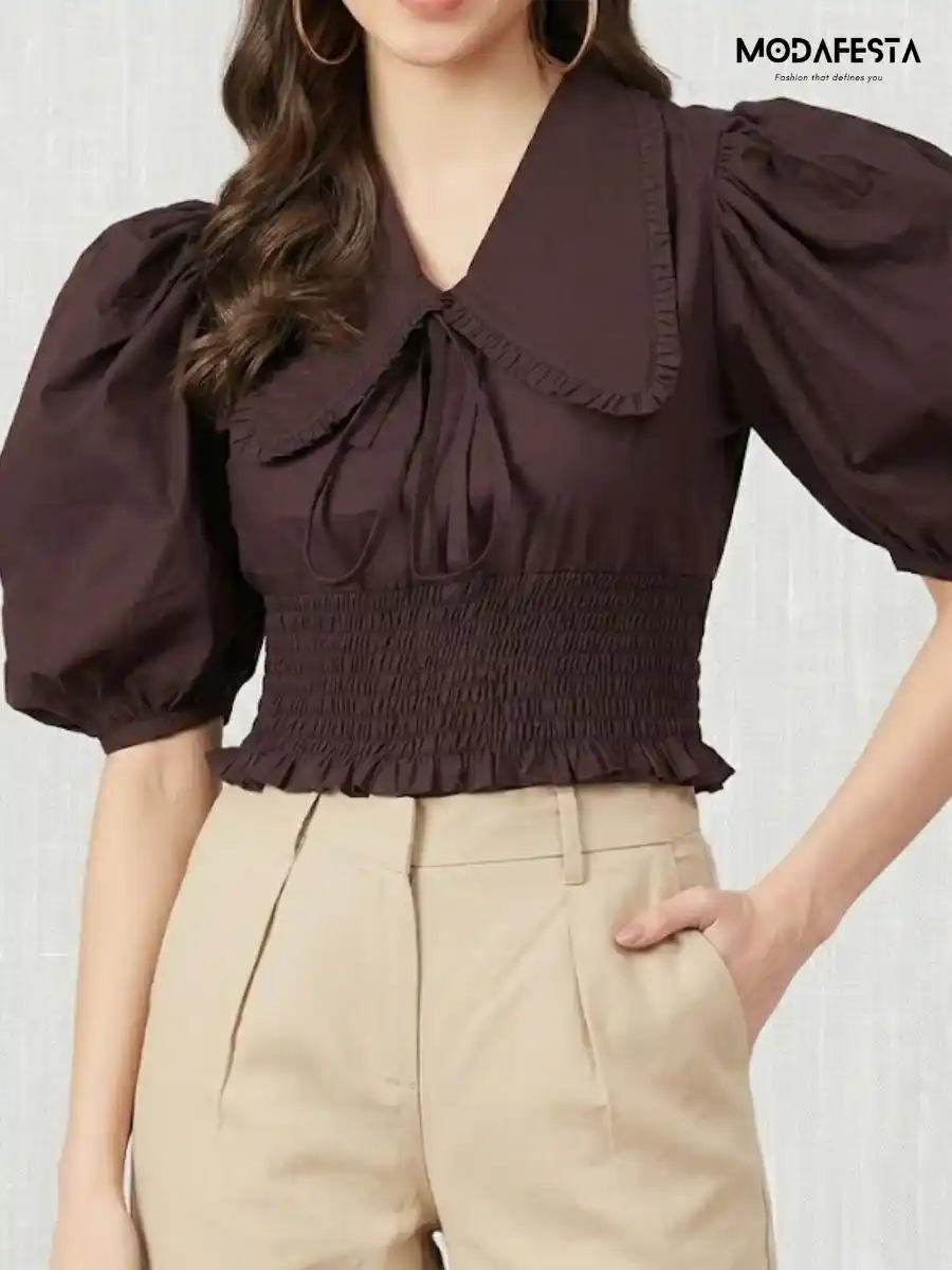 ModaFesta -elegant-tie-up-neck-puff-sleeves-smoke-top-brown