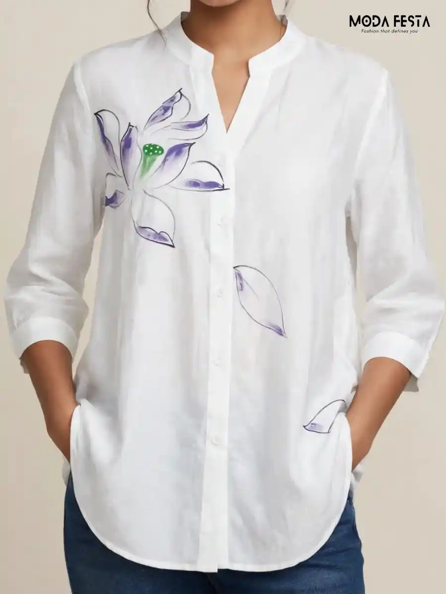 White Hand-Painted Floral Casual Shirt