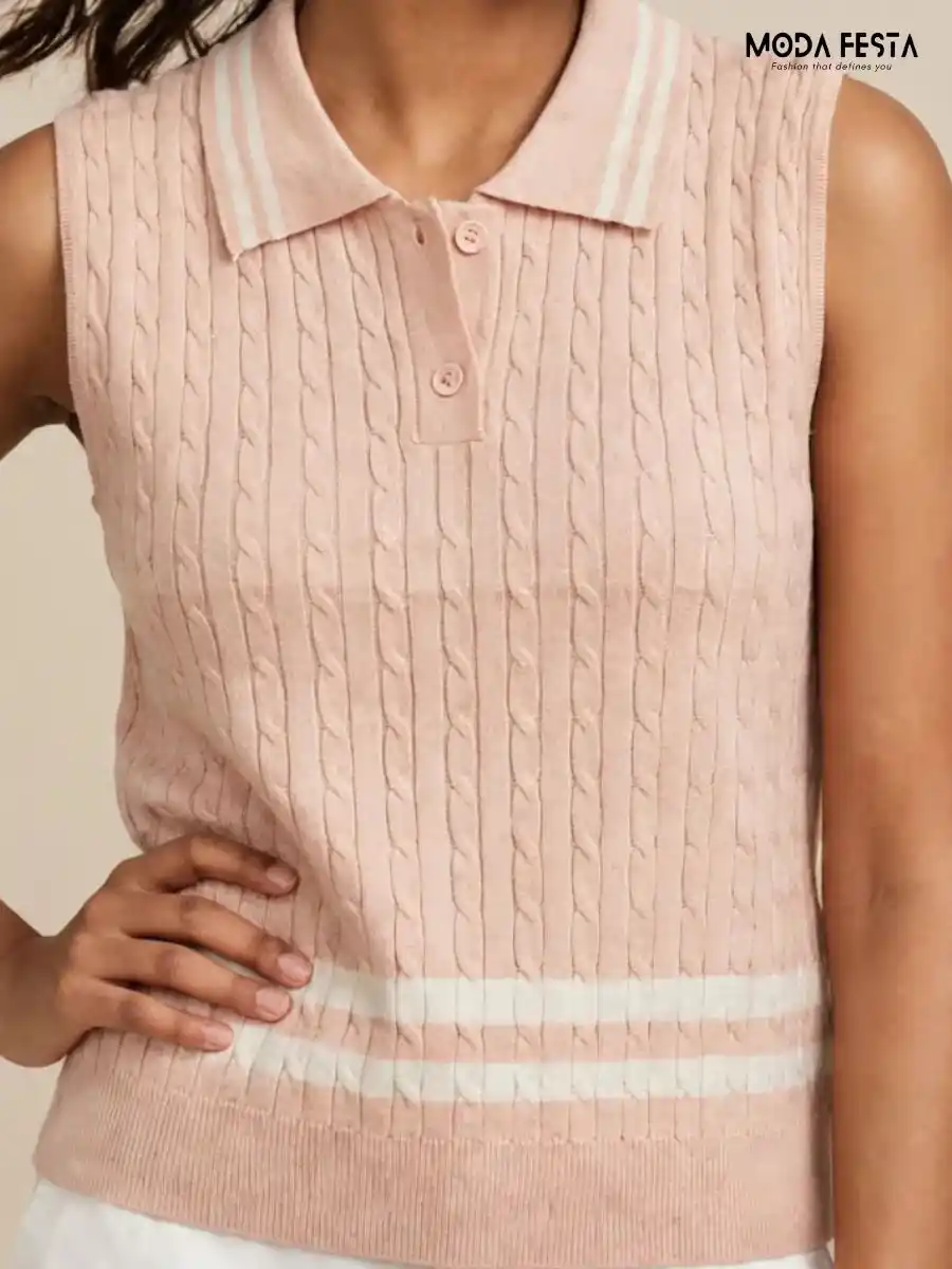 ModaFesta -soft-pink-white-striped-cable-knit-sleeveless-polo-top
