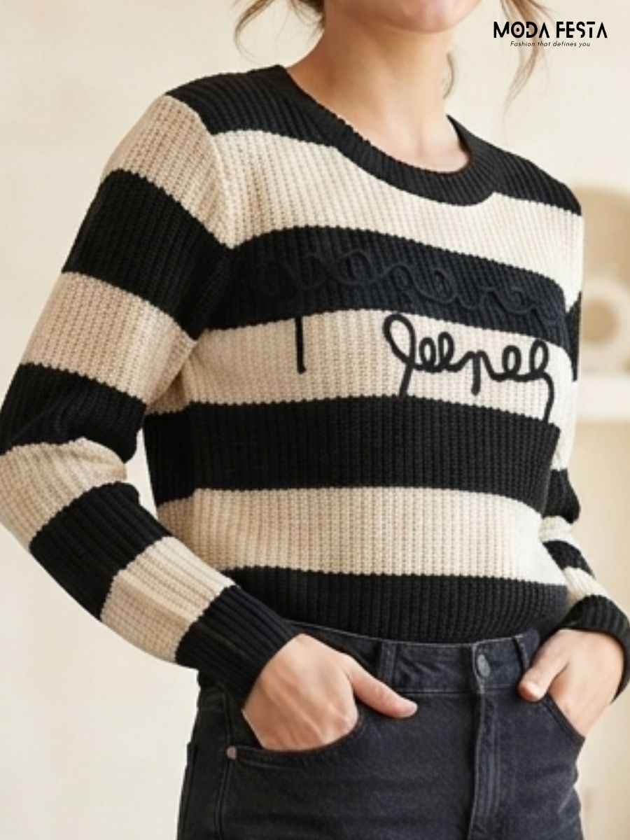 Black and Beige Striped Embroidered Knit Top