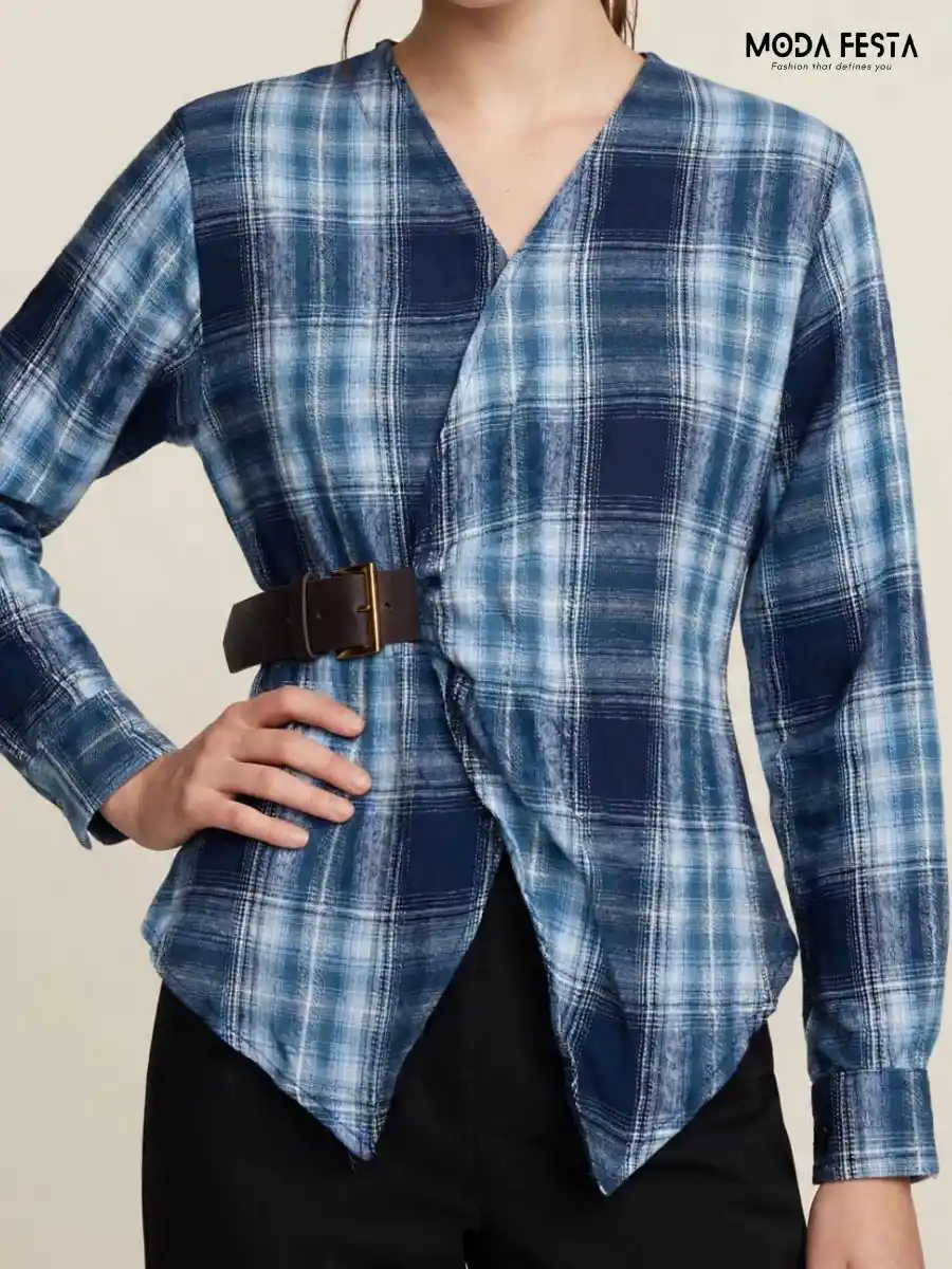 Plaid V-Neck Wrap top