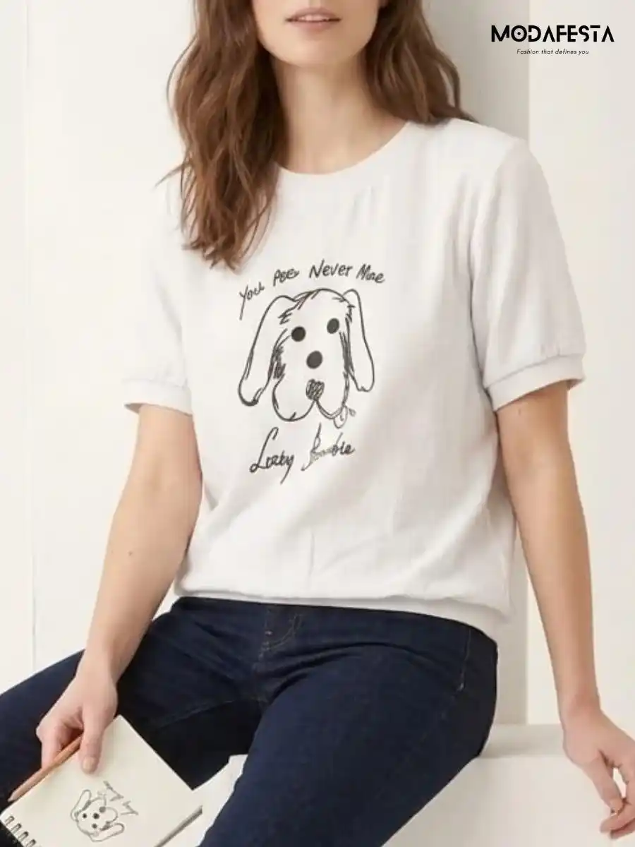 ModaFesta -elegant-dog-print-graphic-top-white