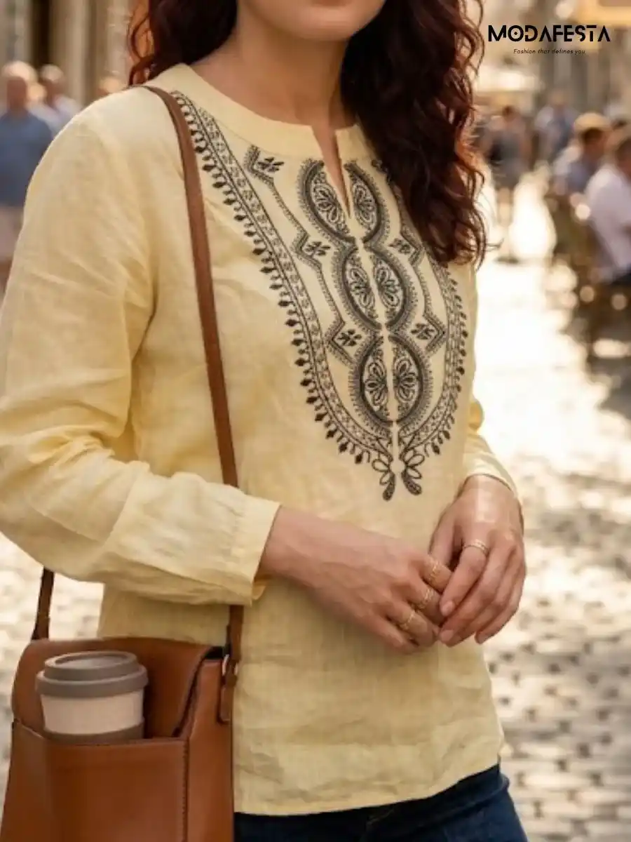 ModaFesta -artisan-embroidered-linen-top-yellow