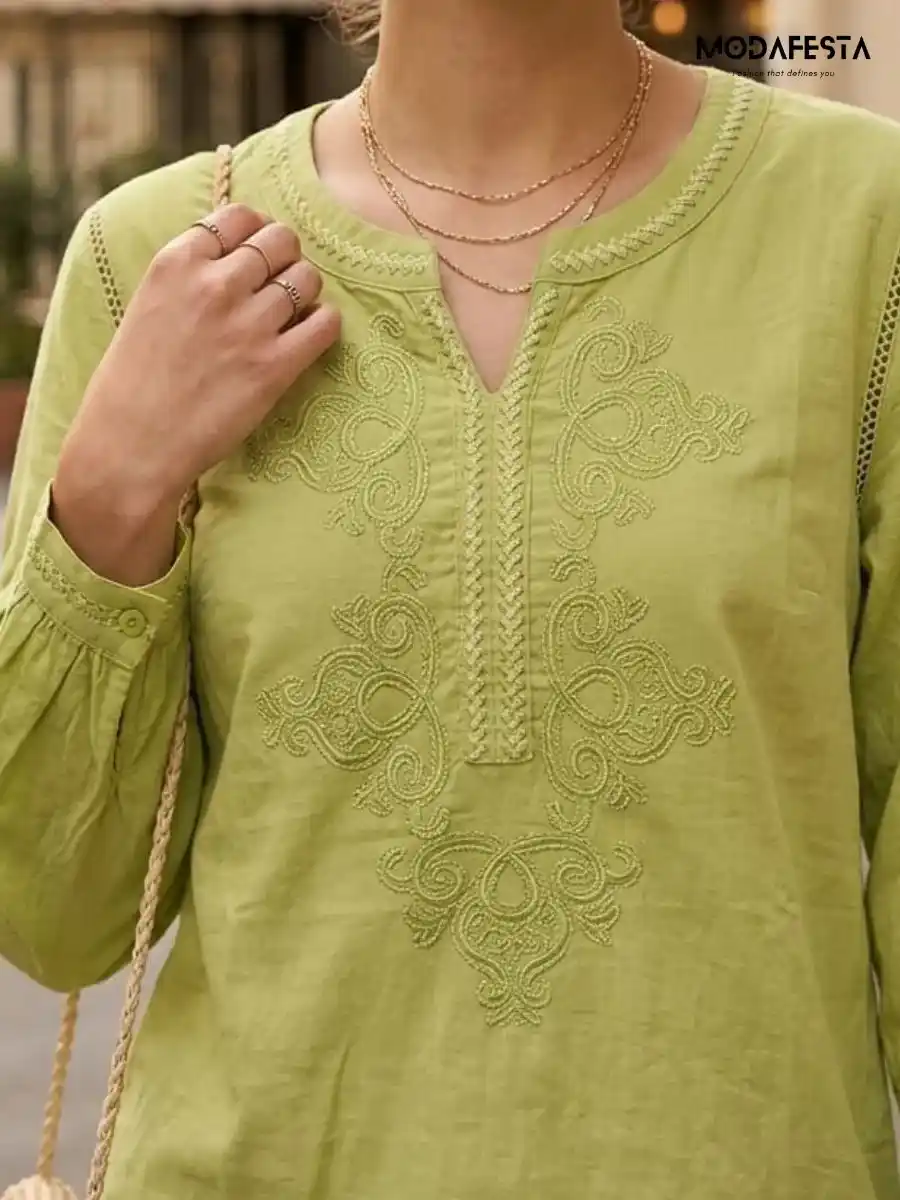 ModaFesta -elegant-embroidered-v-neck-top-sequin-green