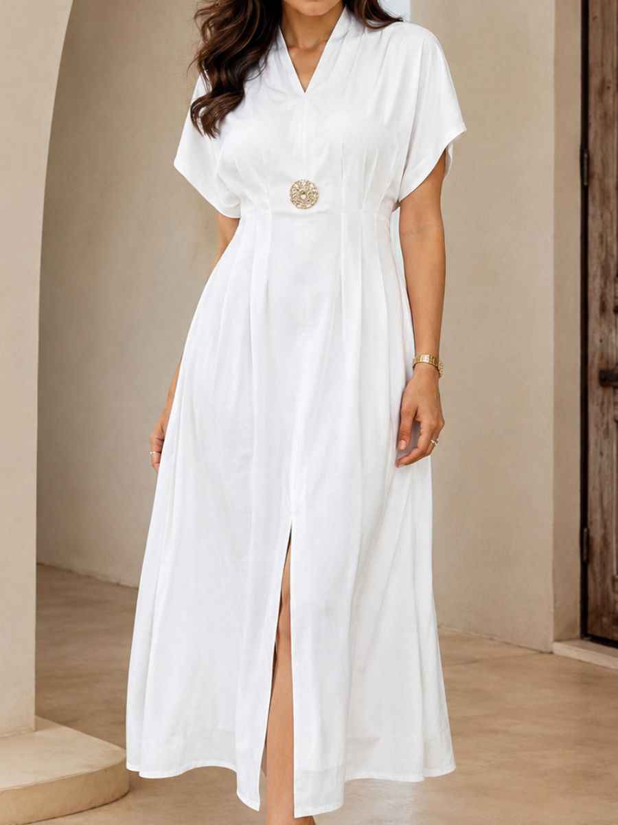 White V-Neck Pleated Waist Dress
