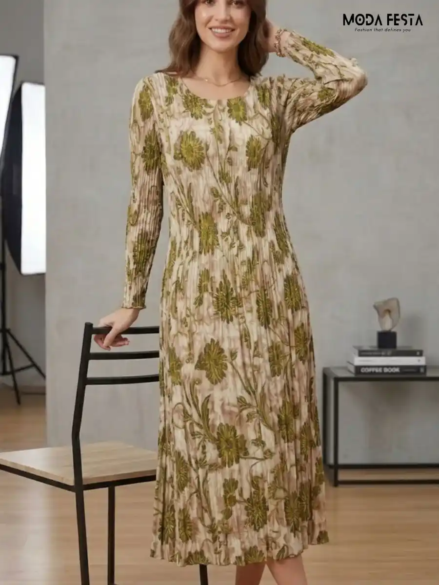 ModaFesta -green-floral-print-pleated-midi-dress
