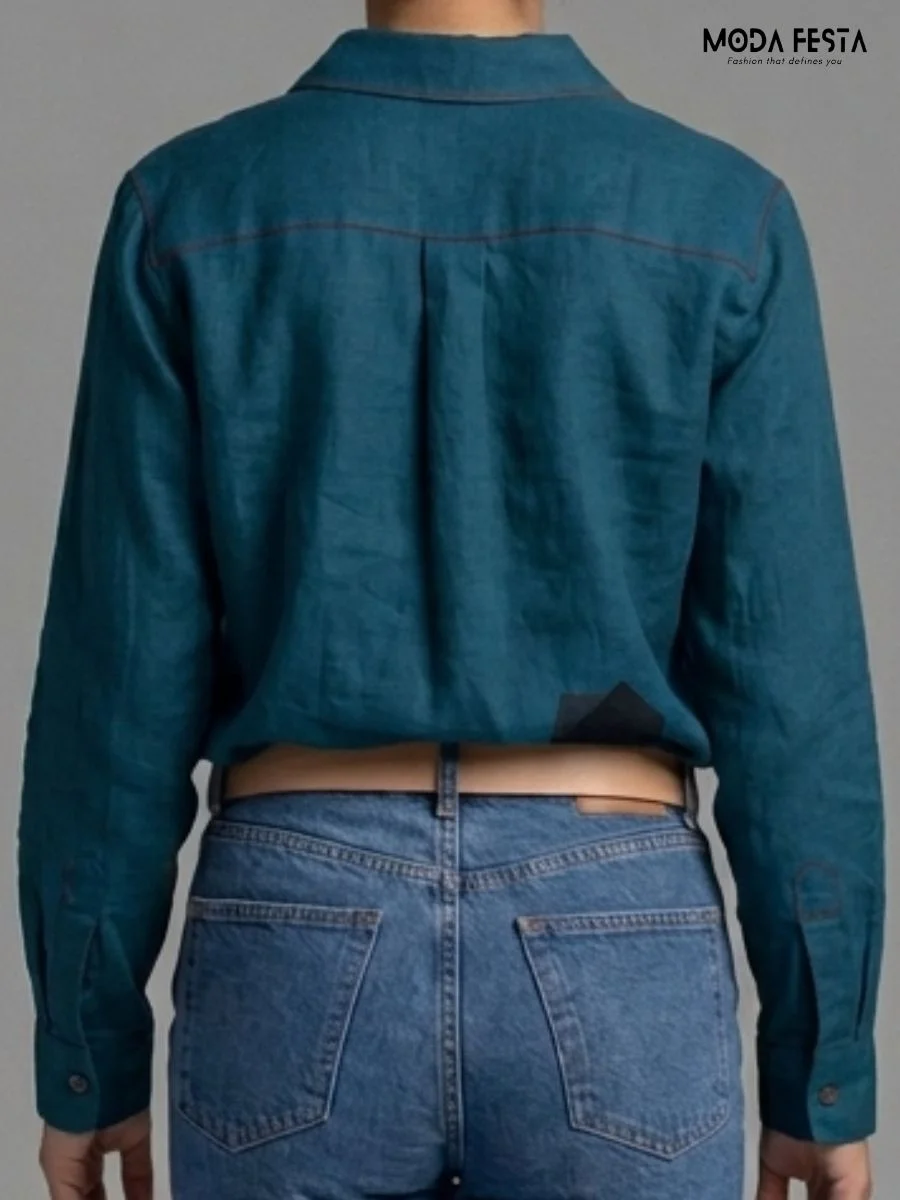 ModaFesta -classic-teal-linen-button-down-shirt