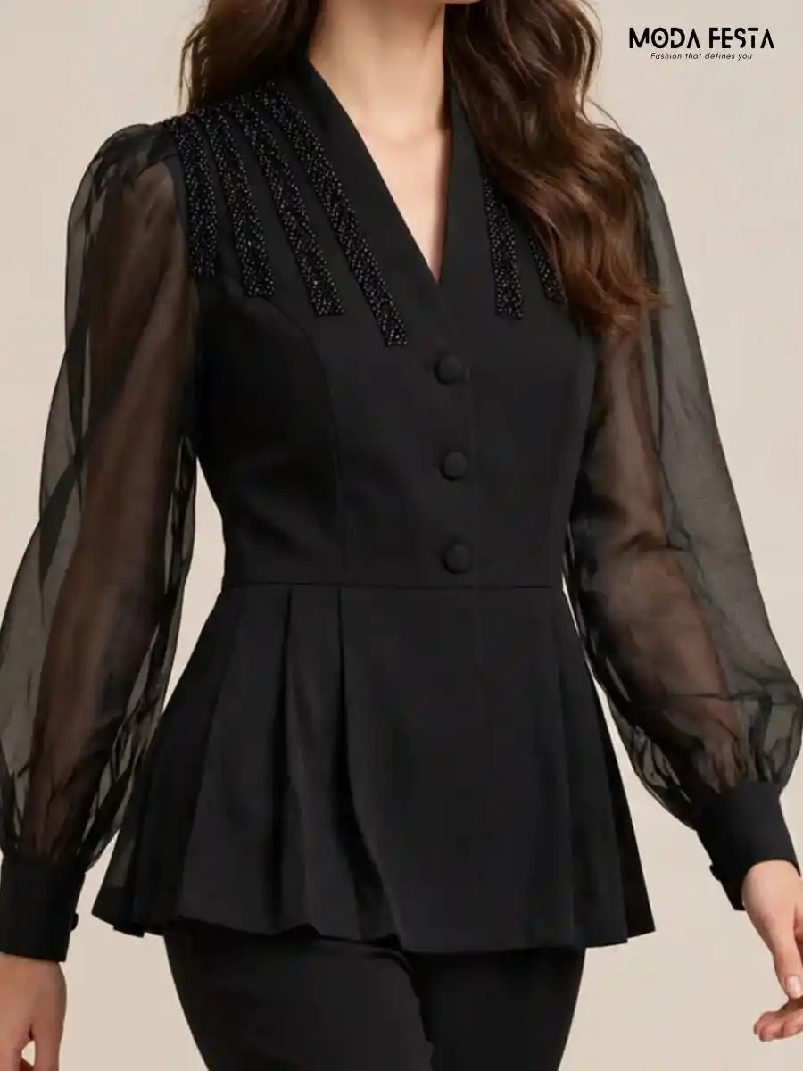 ModaFesta -black-beaded-mandarin-v-neck-organza-sleeve-peplum-top