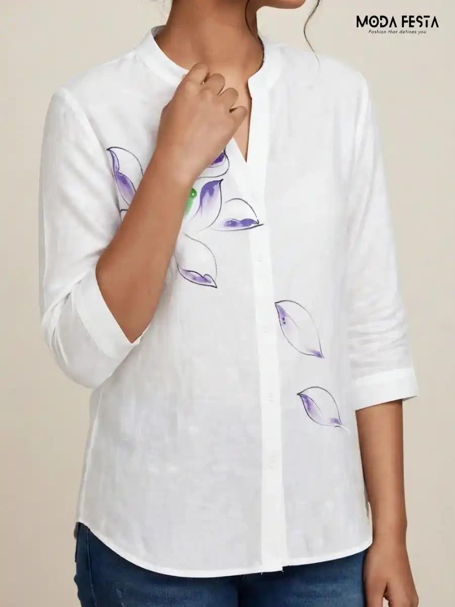 ModaFesta -white-hand-painted-floral-casual-shirt