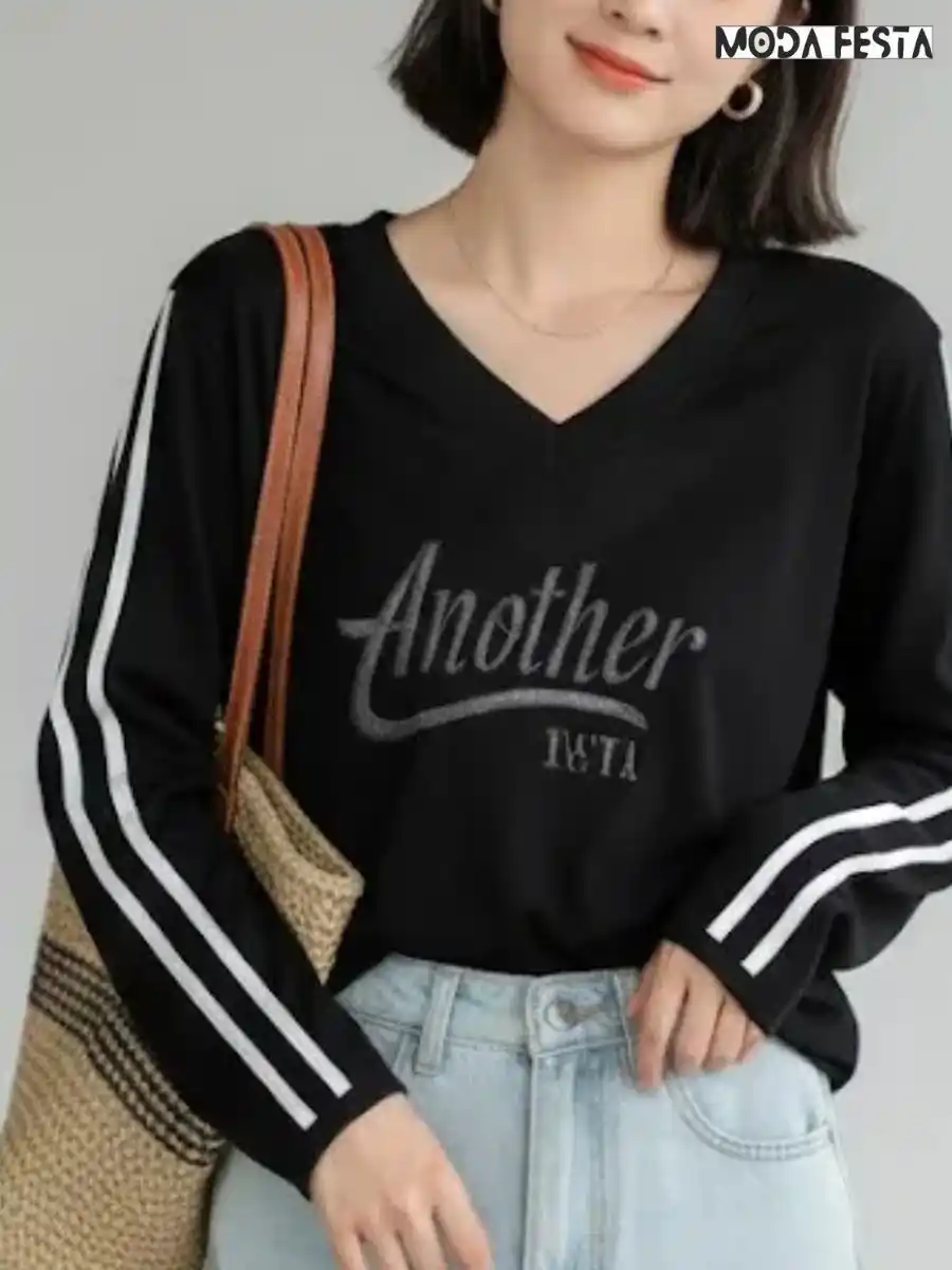 ModaFesta -elegant-v-neck-stripes-top-black