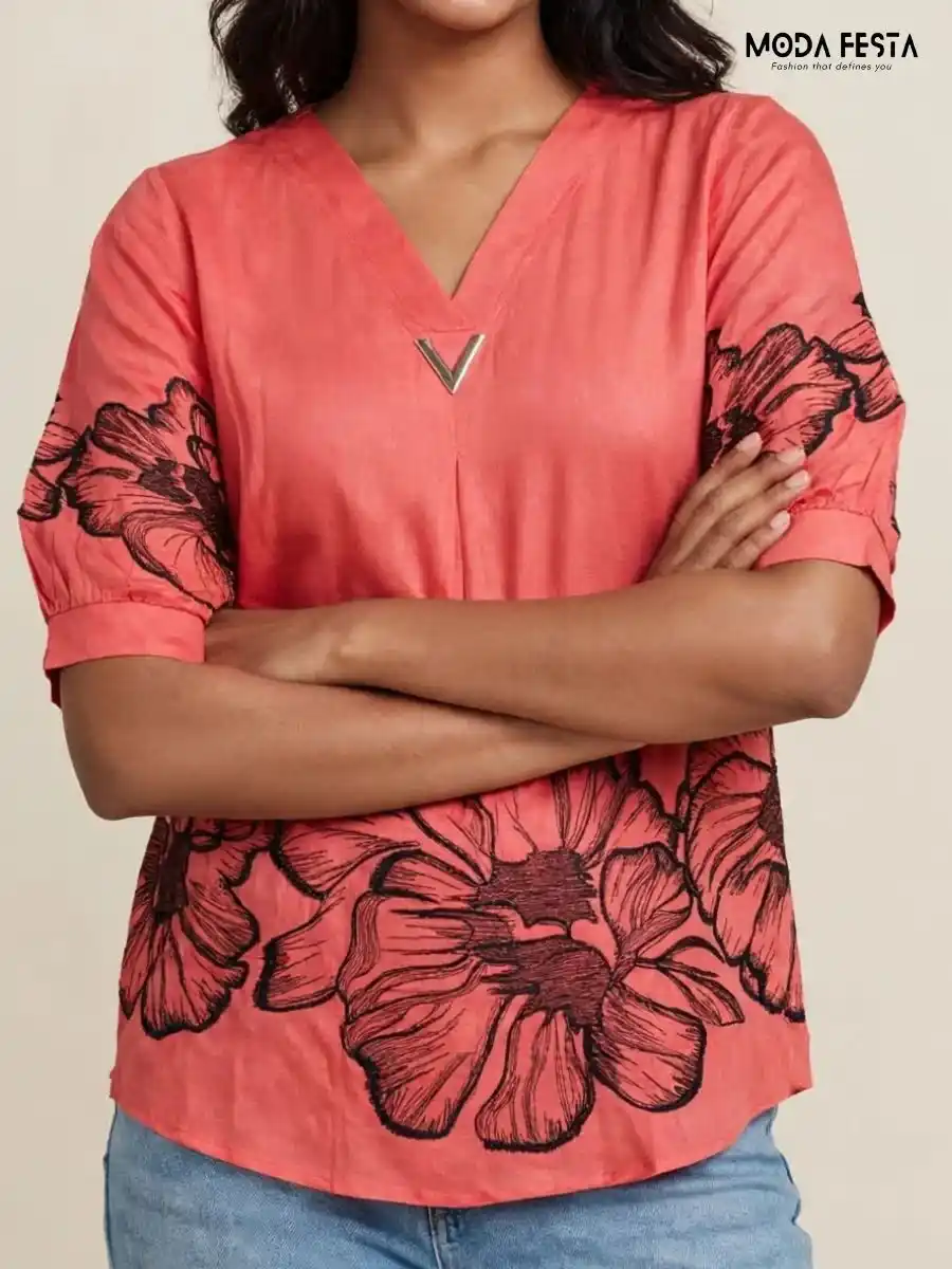ModaFesta -coral-oversized-floral-print-top