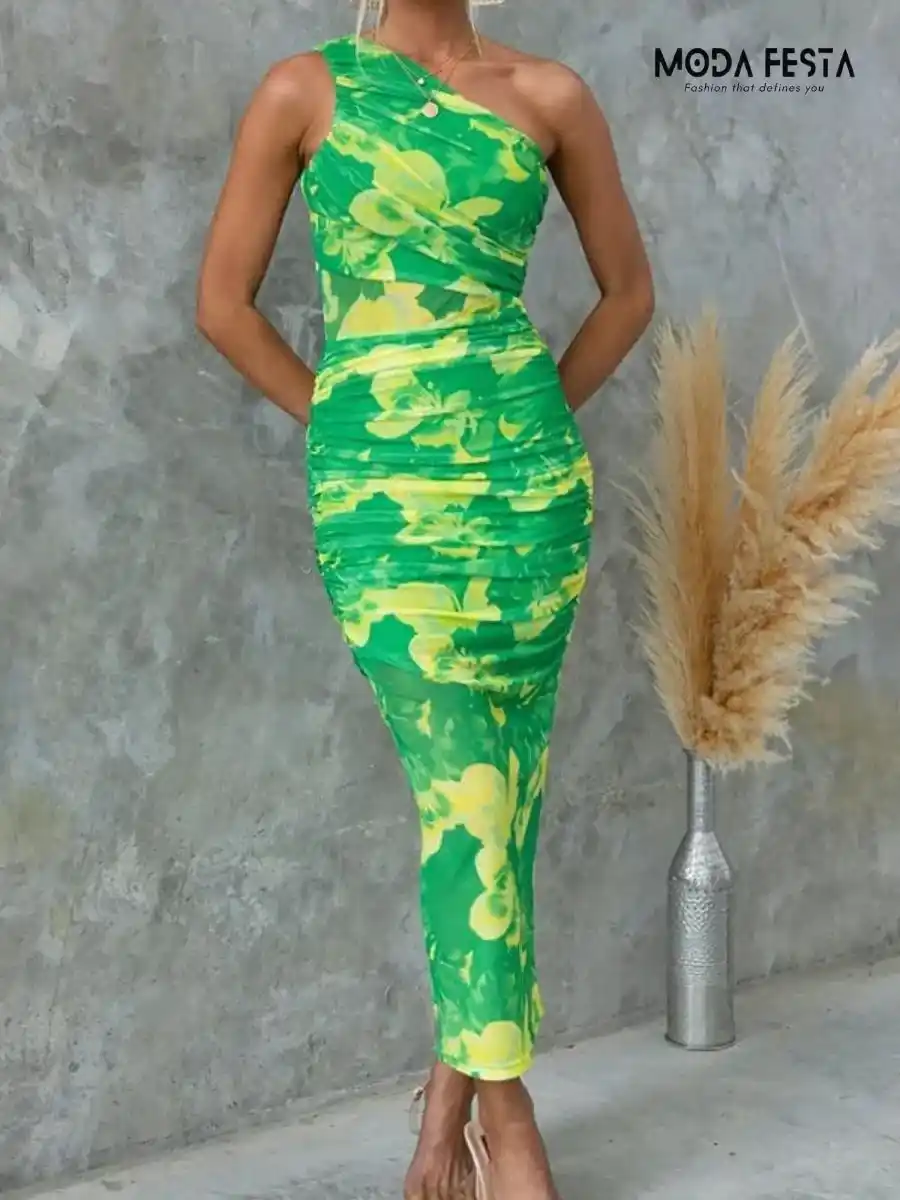 ModaFesta -stylish-runched-mesh-bodycon-dress-green