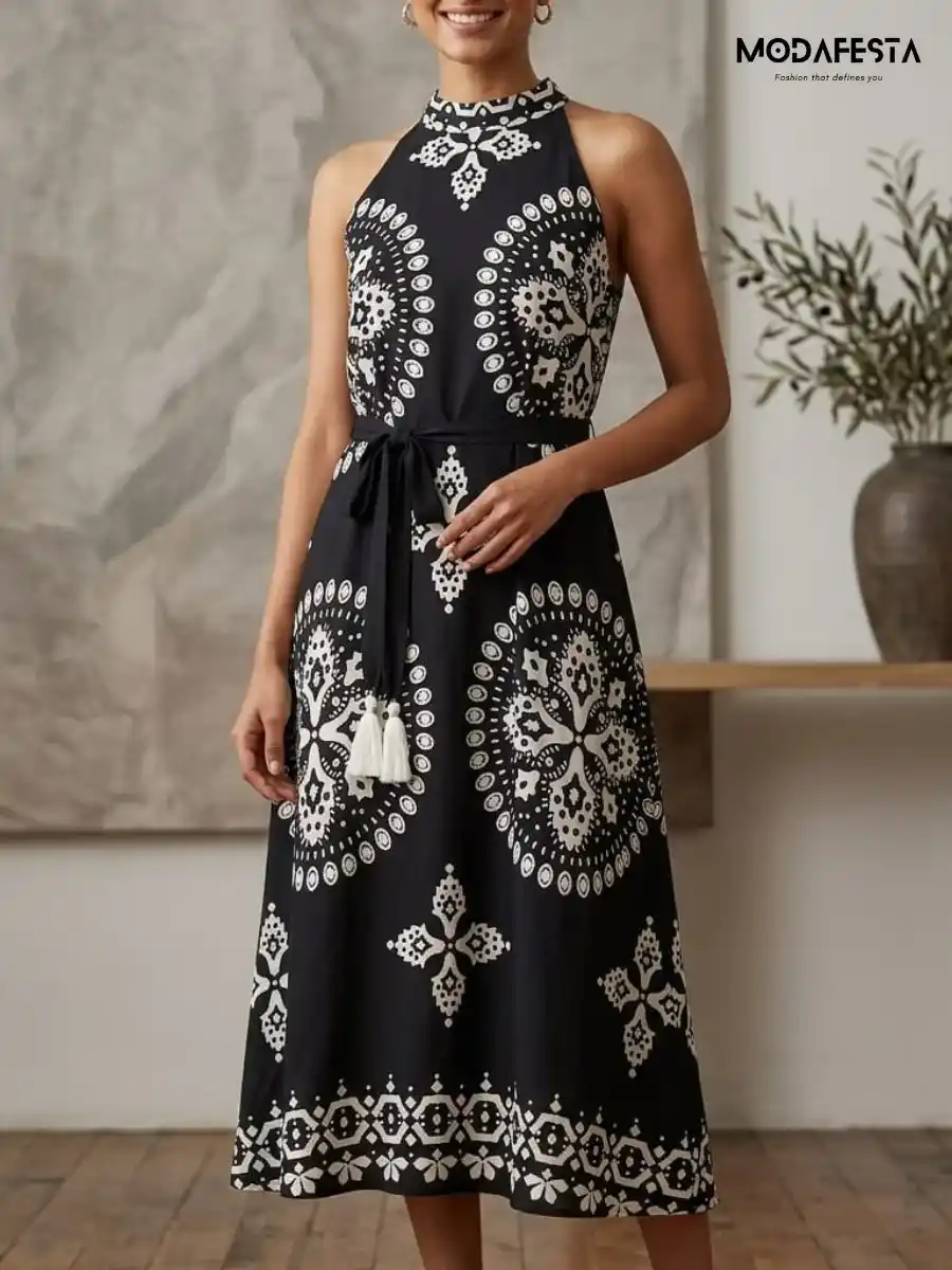 ModaFesta -elegant-black-abstract-print-dress-with-belt-black