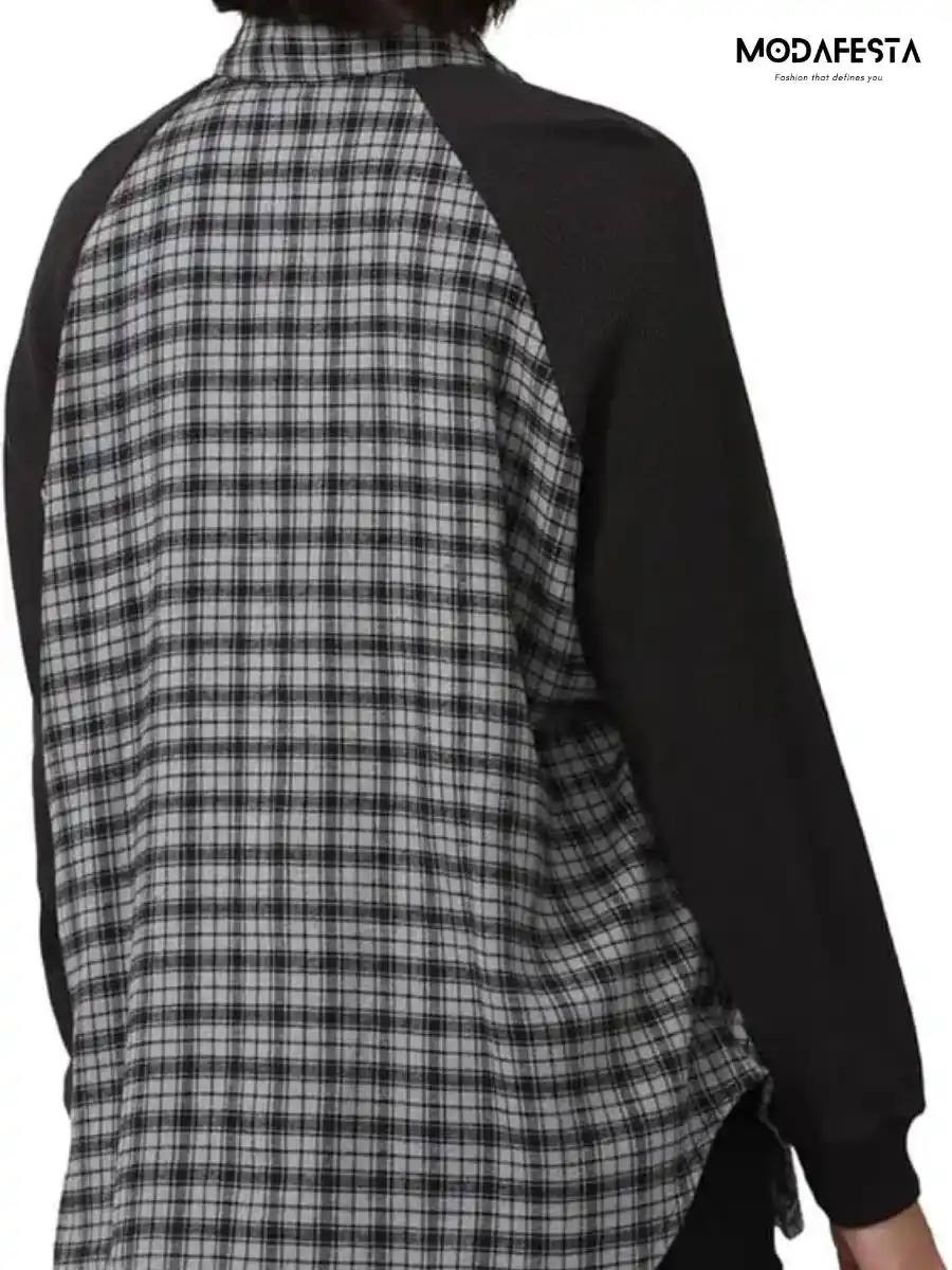 ModaFesta -elegant-chex-mixed-media-raglan-plaid-shirt-grey