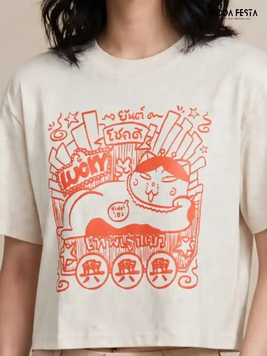 Orange Lucky Cat Graphic Print Crop T-Shirt