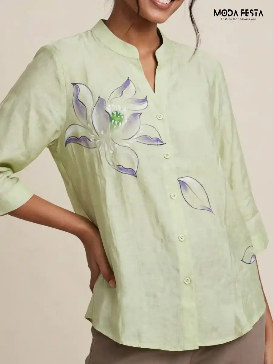 ModaFesta -sage-green-hand-painted-floral-casual-shirt