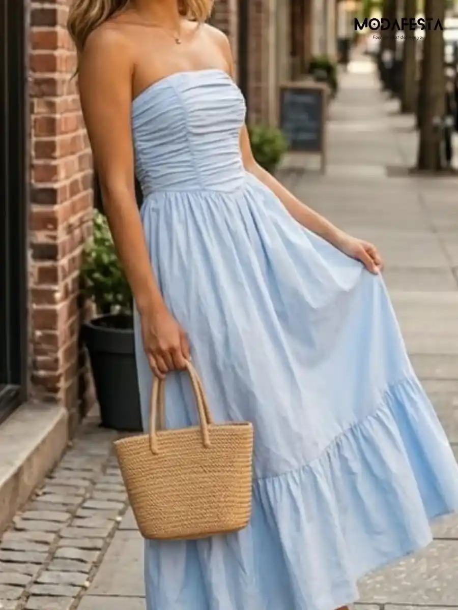 ModaFesta -elegant-strapless-ruched-tube-dress-sky-blue