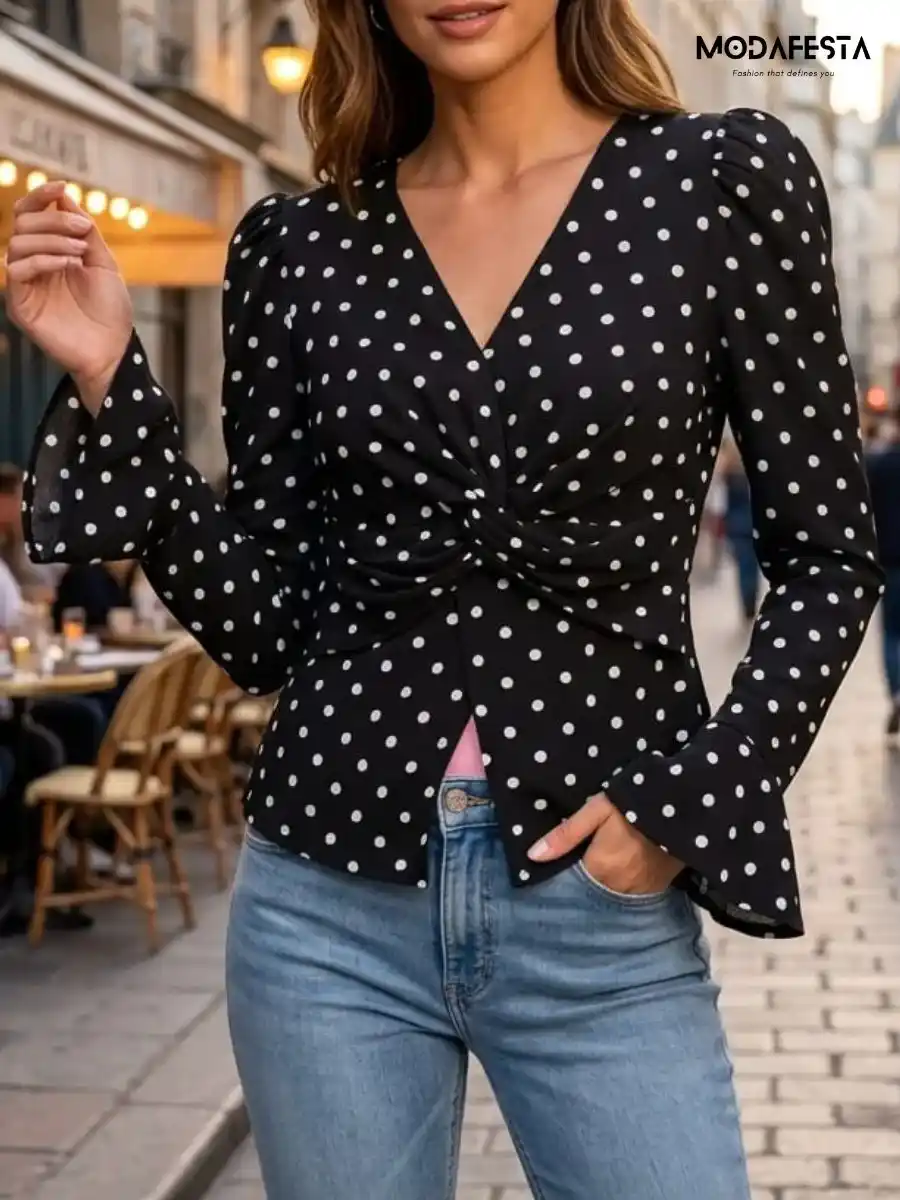 ModaFesta -stylish-v-neck-polka-dot-top-black