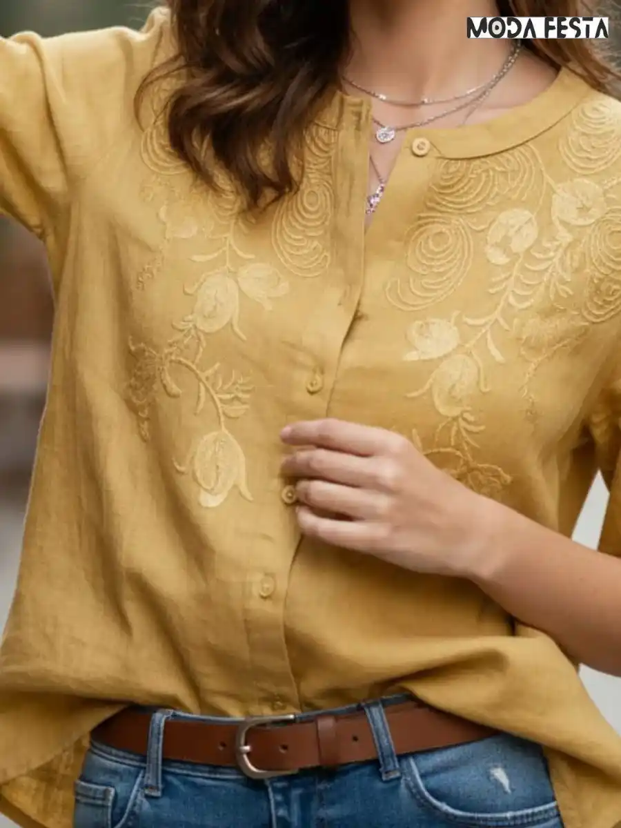 Elegant Linen Floral Embroidered Shirts