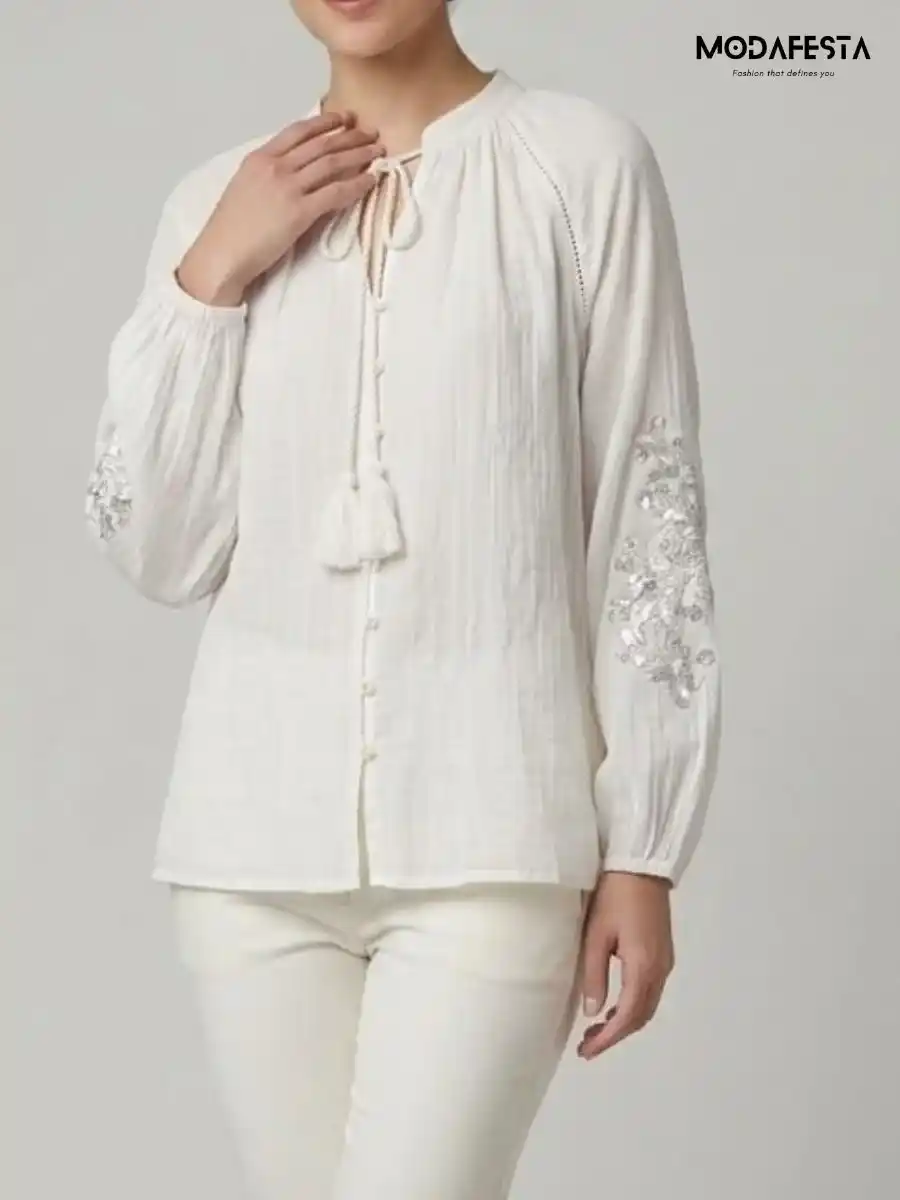 ModaFesta -elegant-v-neck-top-embroidered-work-on-sleeve-white