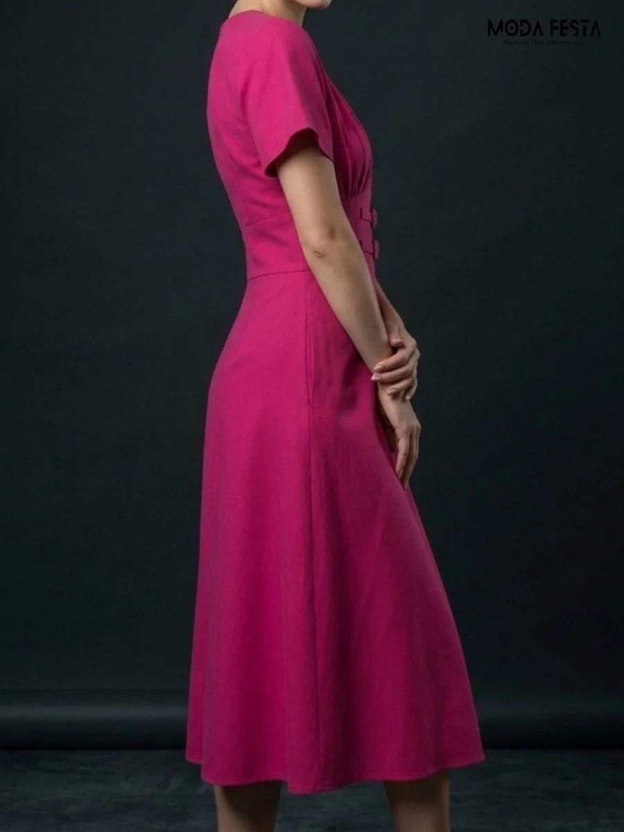 ModaFesta -fuchsia-pink-v-neck-midi-dress
