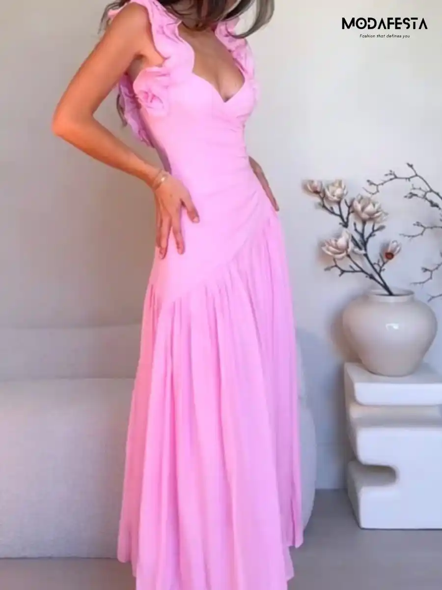 ModaFesta -elegant-ruffled-shoulder-ruched-midi-dress-pink