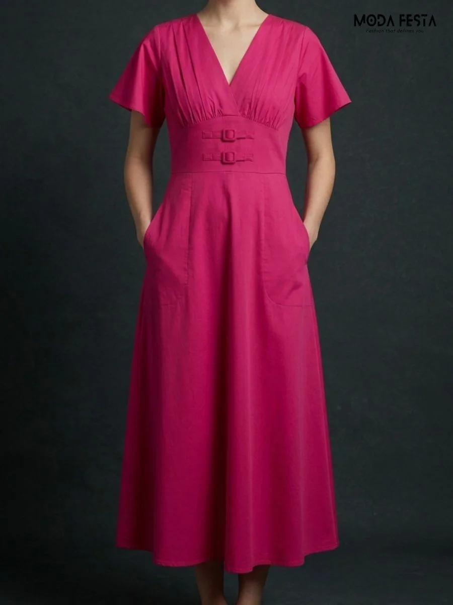ModaFesta -fuchsia-pink-v-neck-midi-dress