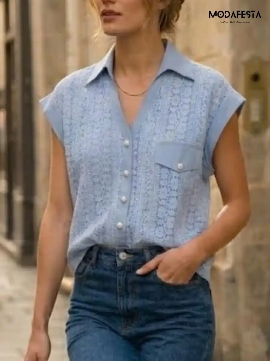 ModaFesta -elegant-floral-lace-shirt-sky-blue