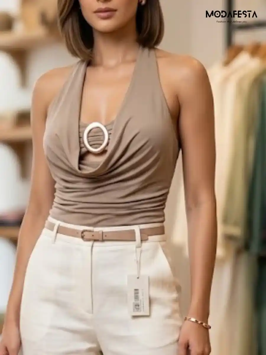 ModaFesta -elegant-cowl-neck-halter-top-with-ring-beige