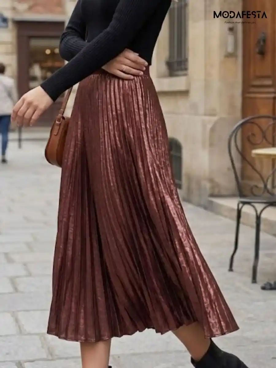 ModaFesta -elegant-satin-high-waist-pleated-skirt-maroon