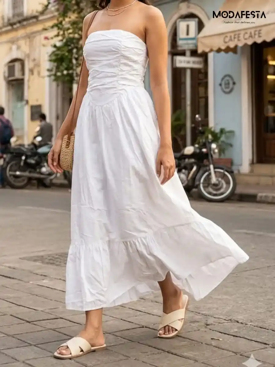 ModaFesta -elegant-strapless-ruched-tube-dress-white