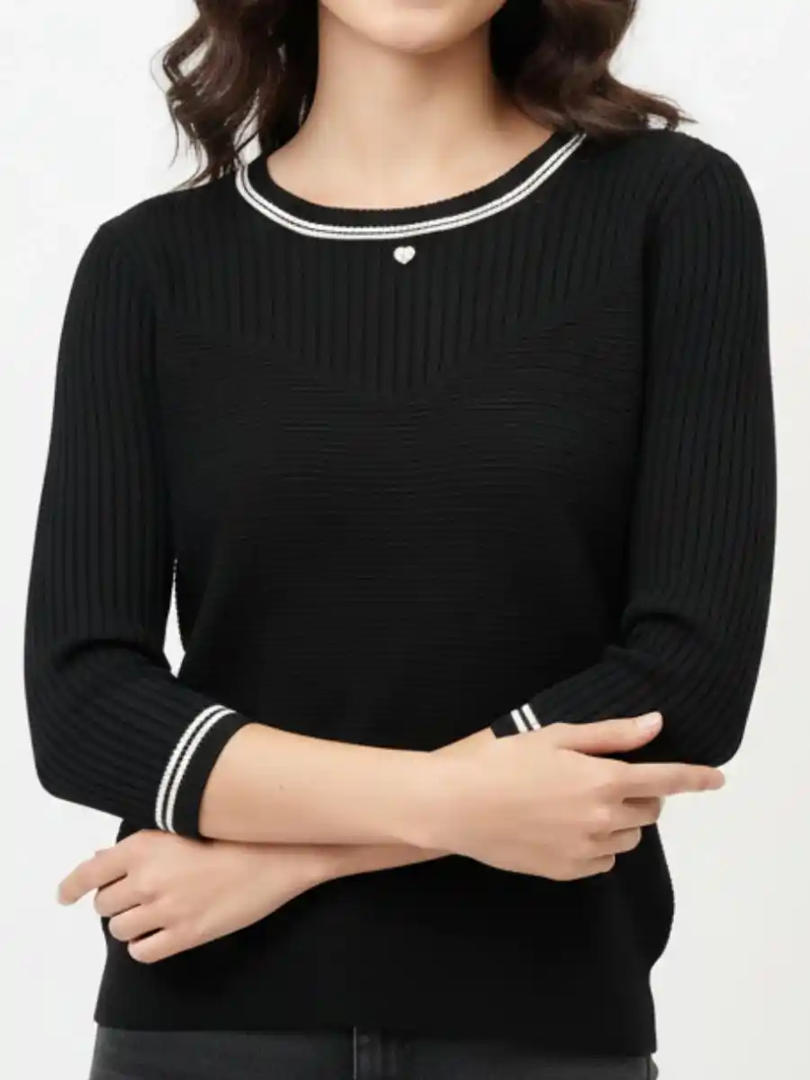 ModaFesta -elegant-round-neck-striped-top-black