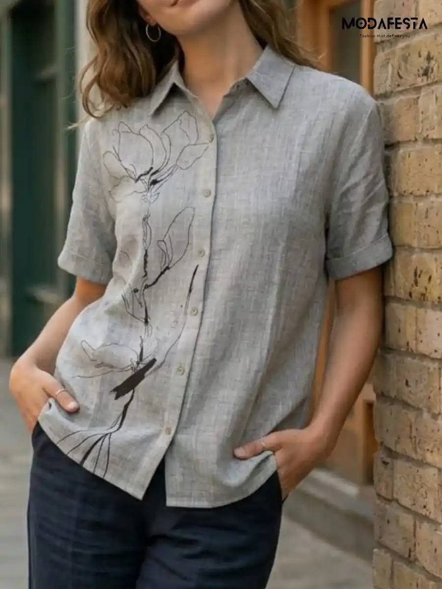 ModaFesta -classy-graphic-floral-long-linen-shirt-gery