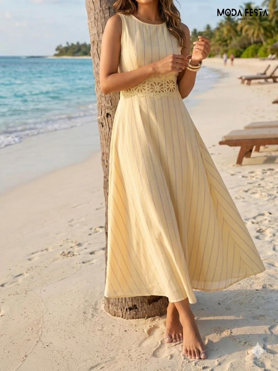 sleeveless striped high-low midi dress