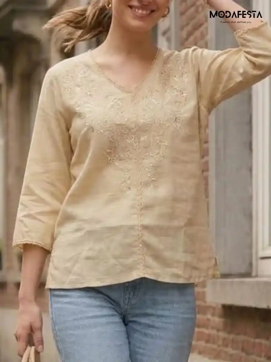 ModaFesta -elegant-beige-embroidered-a-line-top