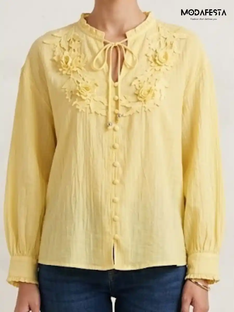 ModaFesta -elegant-v-neck-floral-top-1-yellow