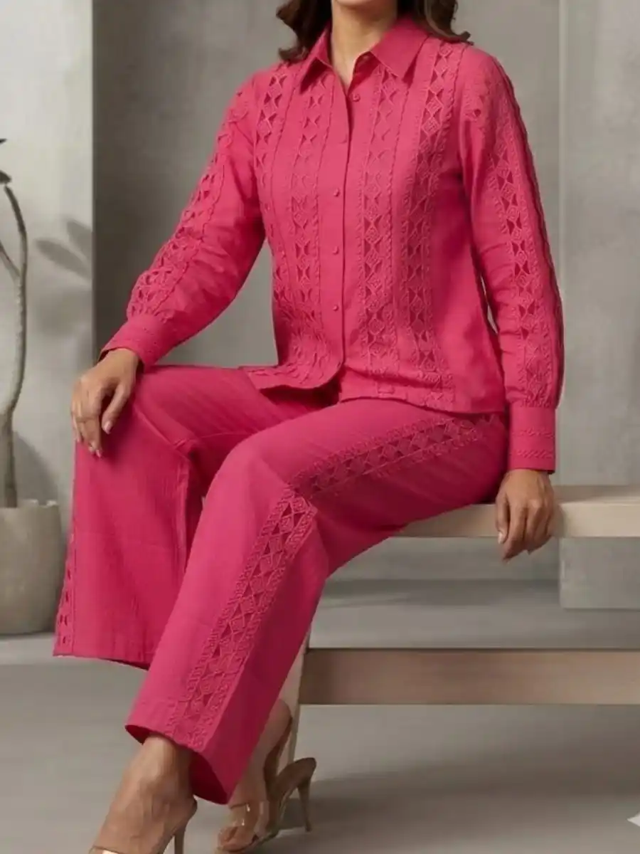 ModaFesta -fuchsia-intricate-cutwork-detailed-shirt-wide-leg-pants-coord-set