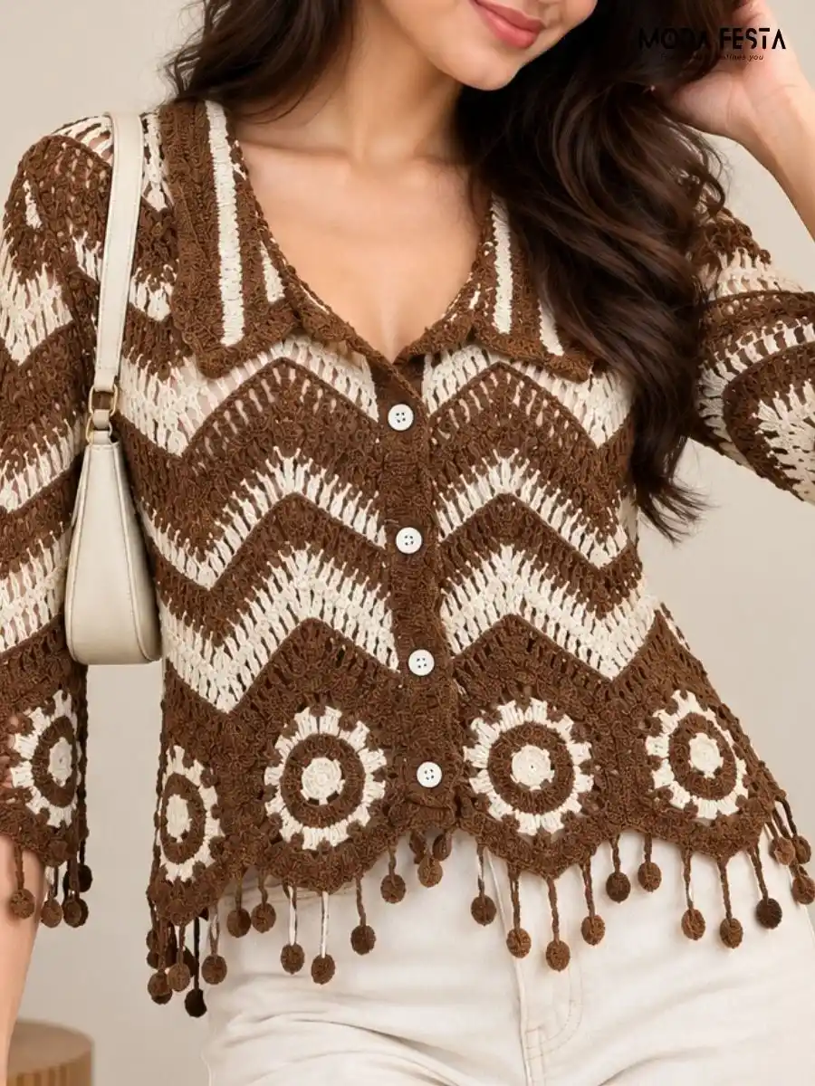 Brown & Cream Chevron Crochet Knit Top with Pom-Pom Trim