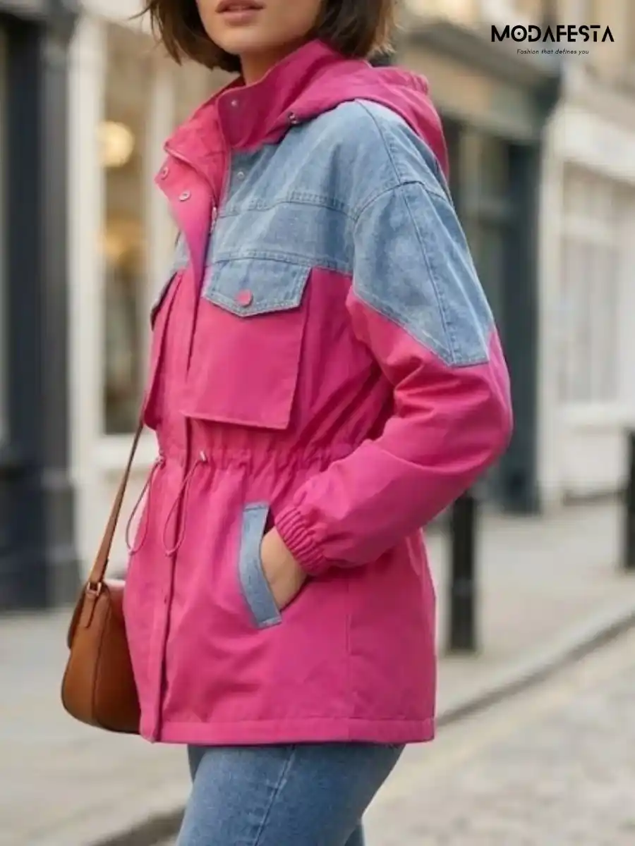 ModaFesta -elegant-denim-with-parachute-fabric-hoodie-jacket-pink