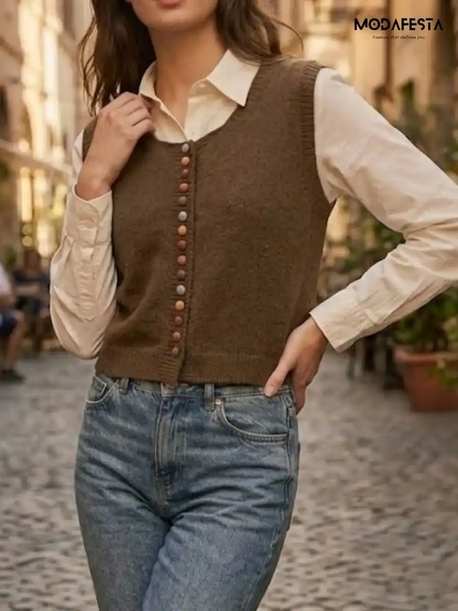 ModaFesta -fashion-knit-cardigan-sweater-shirt-brown