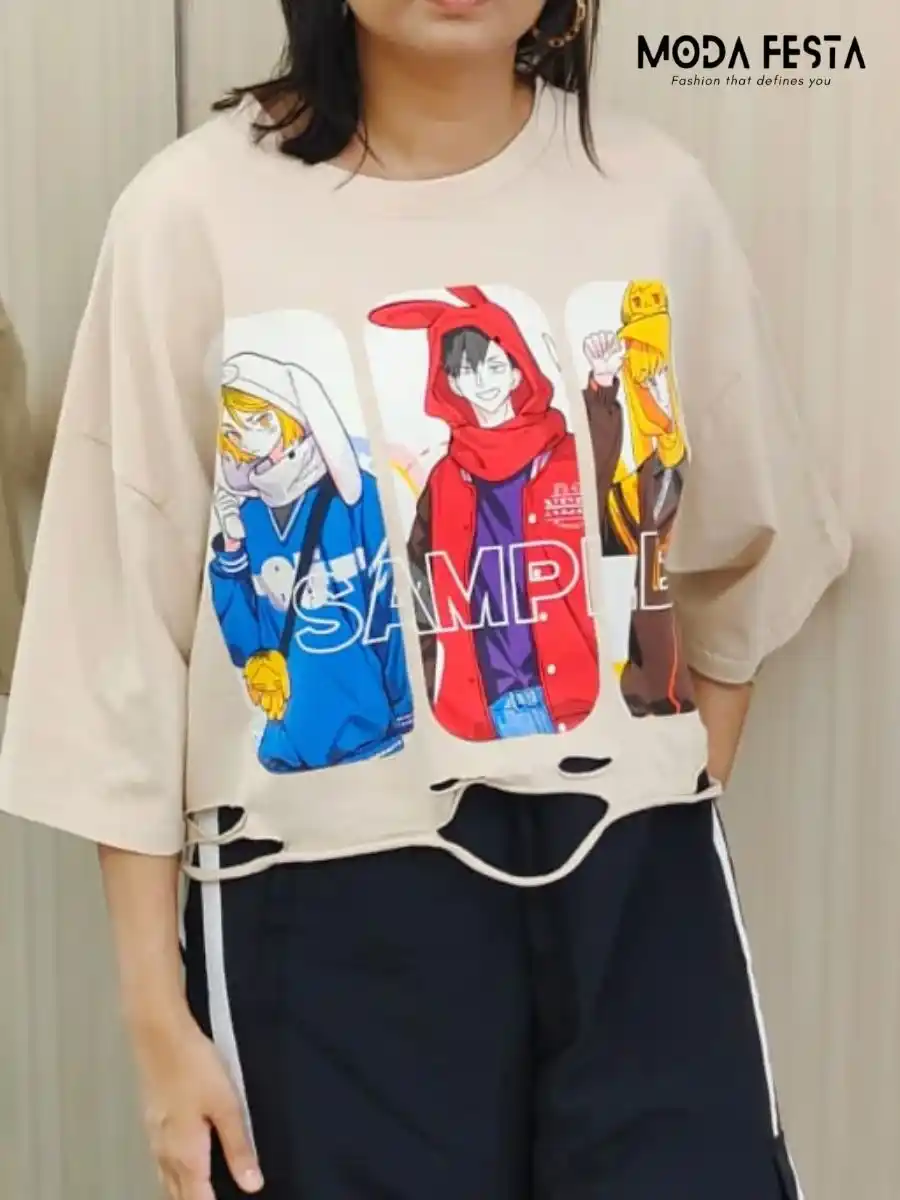 ModaFesta -crop-anime-printed-tee-for-women-beige