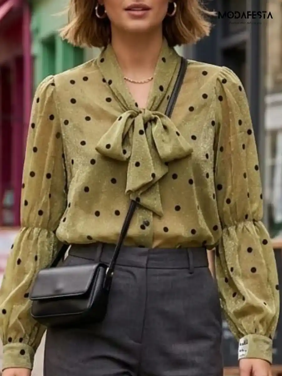 ModaFesta -elegant-chiffon-polka-dot-shirt-tie-up-neck-green