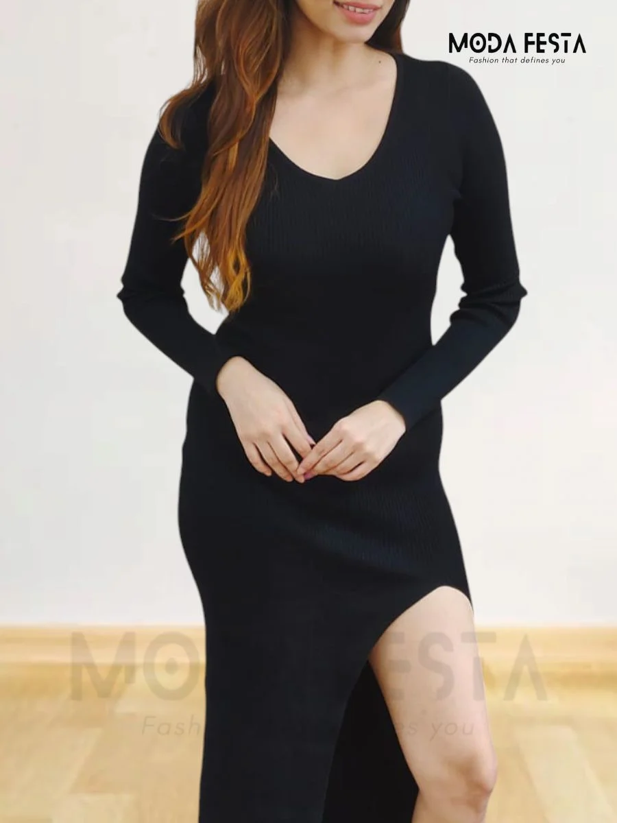 ModaFesta -style-v-neck-bodycon-dress-black