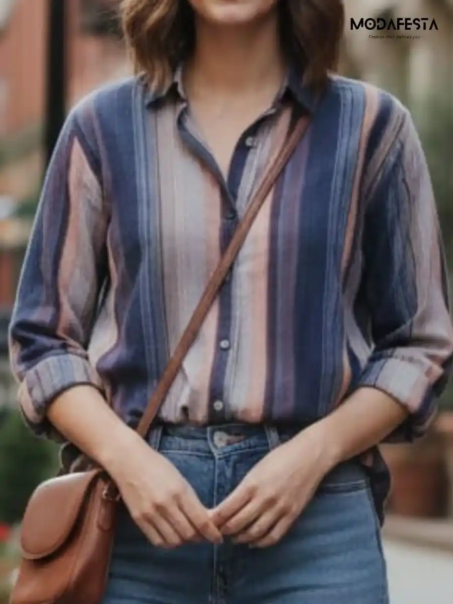 ModaFesta -elegant-abstract-print-linen-shirt-brown