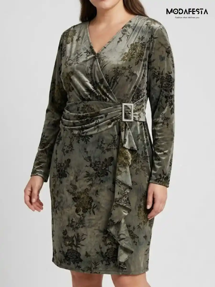 Elegant Floral V Neck Velvet Short Dress