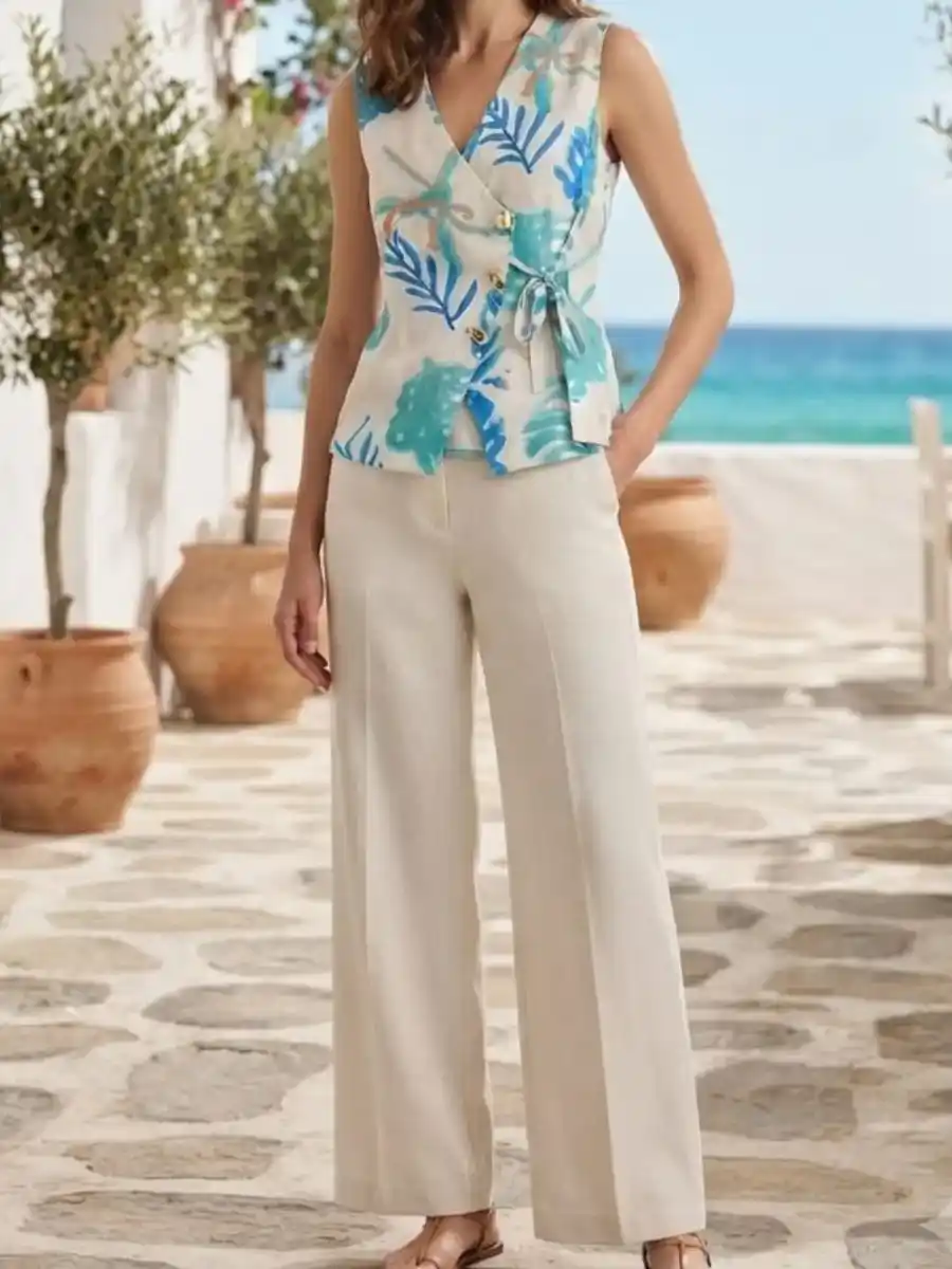 Blue Botanical Print Wrap Top and Wide-Leg Co-ord Set