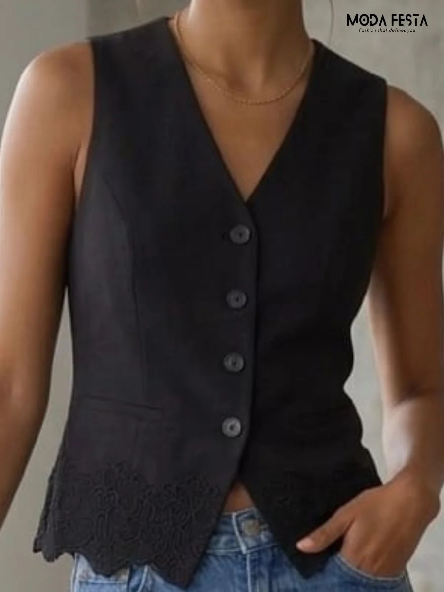 black sleeveless button-down waistcoat featuring a detailed scalloped-lace-hem