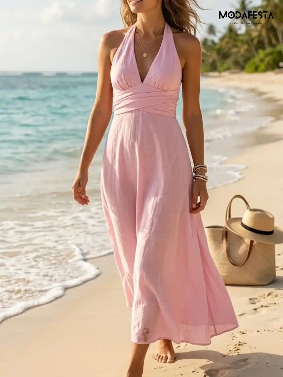 ModaFesta -elegant-cotton-halter-neck-maxi-dress-pink