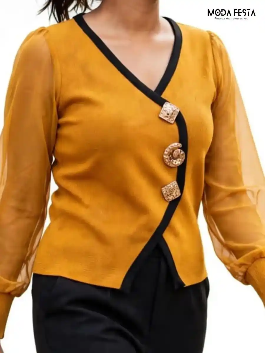 ModaFesta -mustard-black-contrast-trim-asymmetric-statement-top